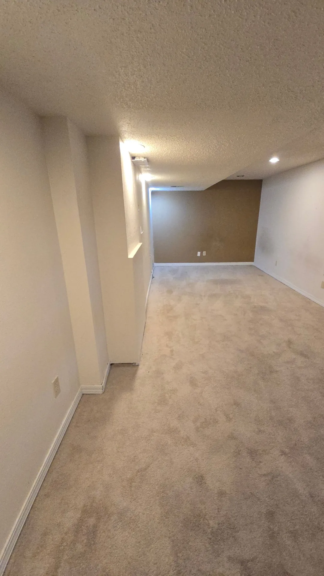 Unfinished looking basement with old carpet and textured ceiling before a remodel in Golden, CO